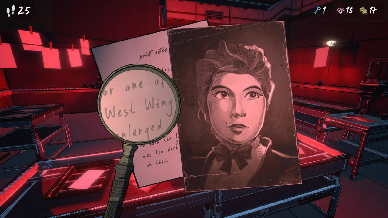 Playing detective, complete with magnifying glass, in Blue Prince.