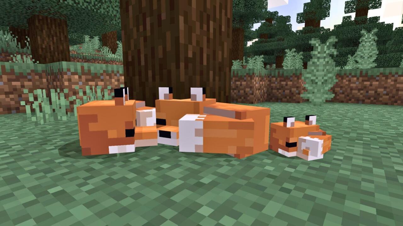 Minecraft foxes sleeping under a tree