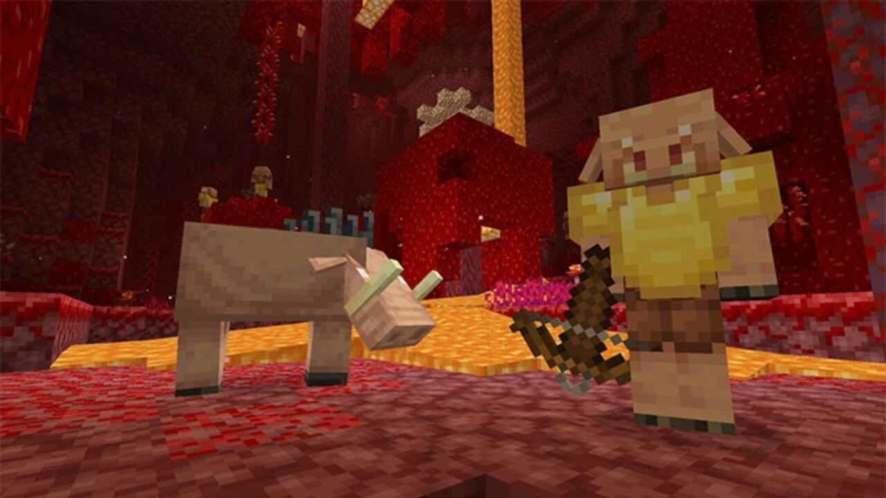 A Piglin stands with a Hoglin in the Crimson Forest